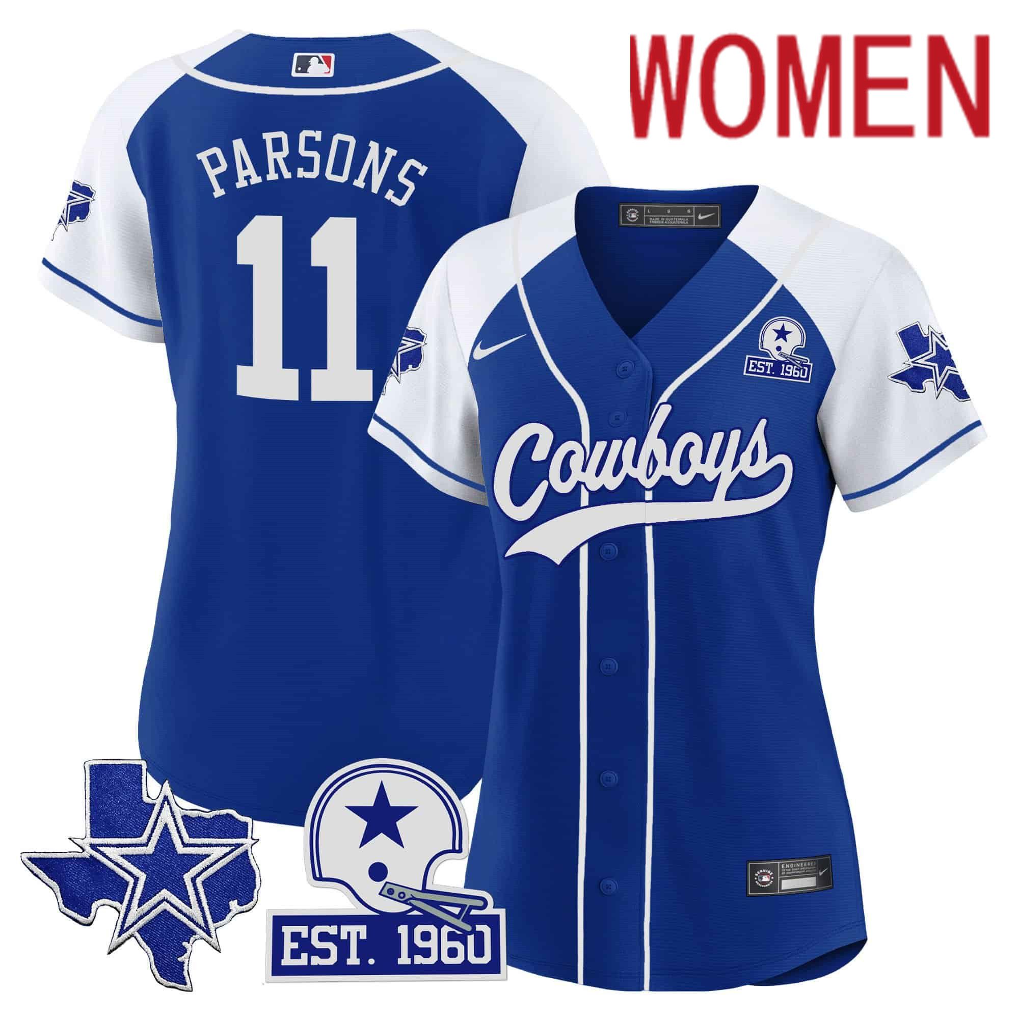 Women Dallas Cowboys #11 Parsons Blue 2024 Nike Patch Baseball NFL Jersey style 1->women nfl jersey->Women Jersey